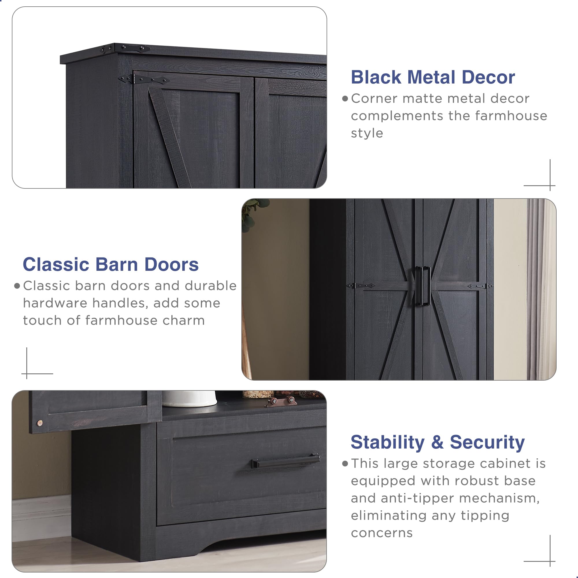 Farmhouse Kitchen Pantry Cabinet - 72" Tall Wood Kitchen Storage Cabinets with Adjustable Shelves & 2 Barn Doors & Drawer, Versatile Storage for Dining Room, Bathroom