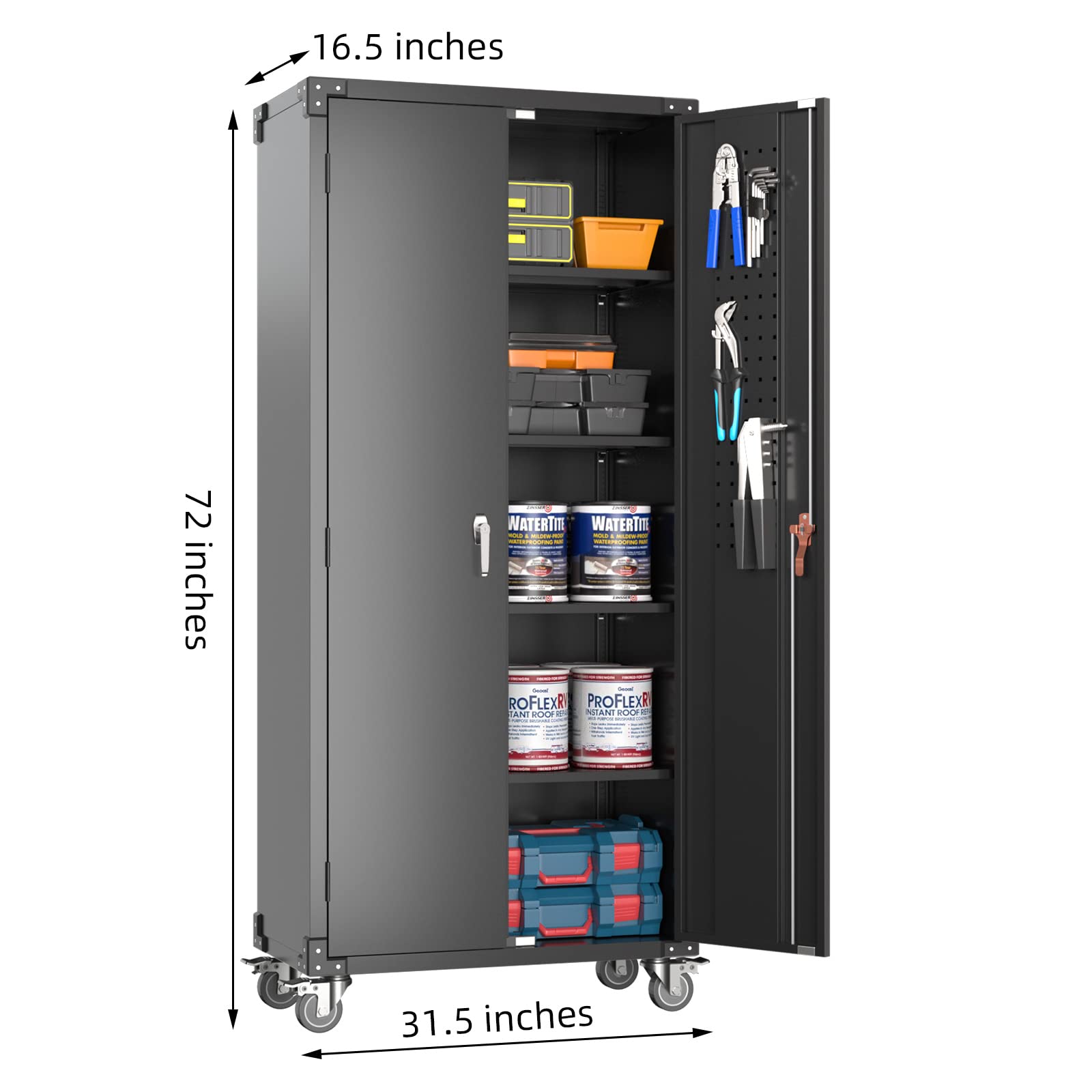 Garage Storage Cabinet with Wheels,72" Metal Storage Cabinet with 2 Doors and 4 Adjustable Shelves, Lockable Rolling Cabinet,Home Office Metal Utility Cabinet for Garage,Assembly Required
