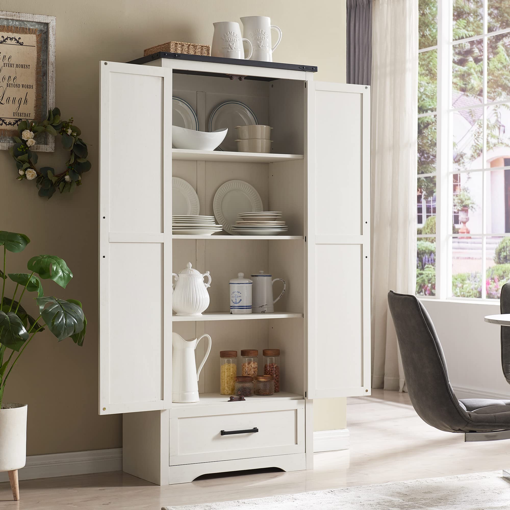 改JXQTLINGMU Farmhouse Kitchen Pantry Cabinet - 72" Tall Wood Kitchen Storage Cabinets with Adjustable Shelves &amp; 2 Barn Doors &amp; Drawer, Versatile Storage for Dining Room, Bathroom, Antique White