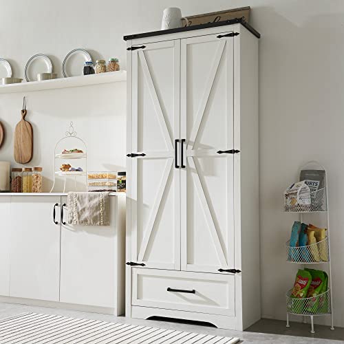 Farmhouse Kitchen Pantry Cabinet - 72" Tall Wood Kitchen Storage Cabinets with Adjustable Shelves & 2 Barn Doors & Drawer, Versatile Storage for Dining Room, Bathroom