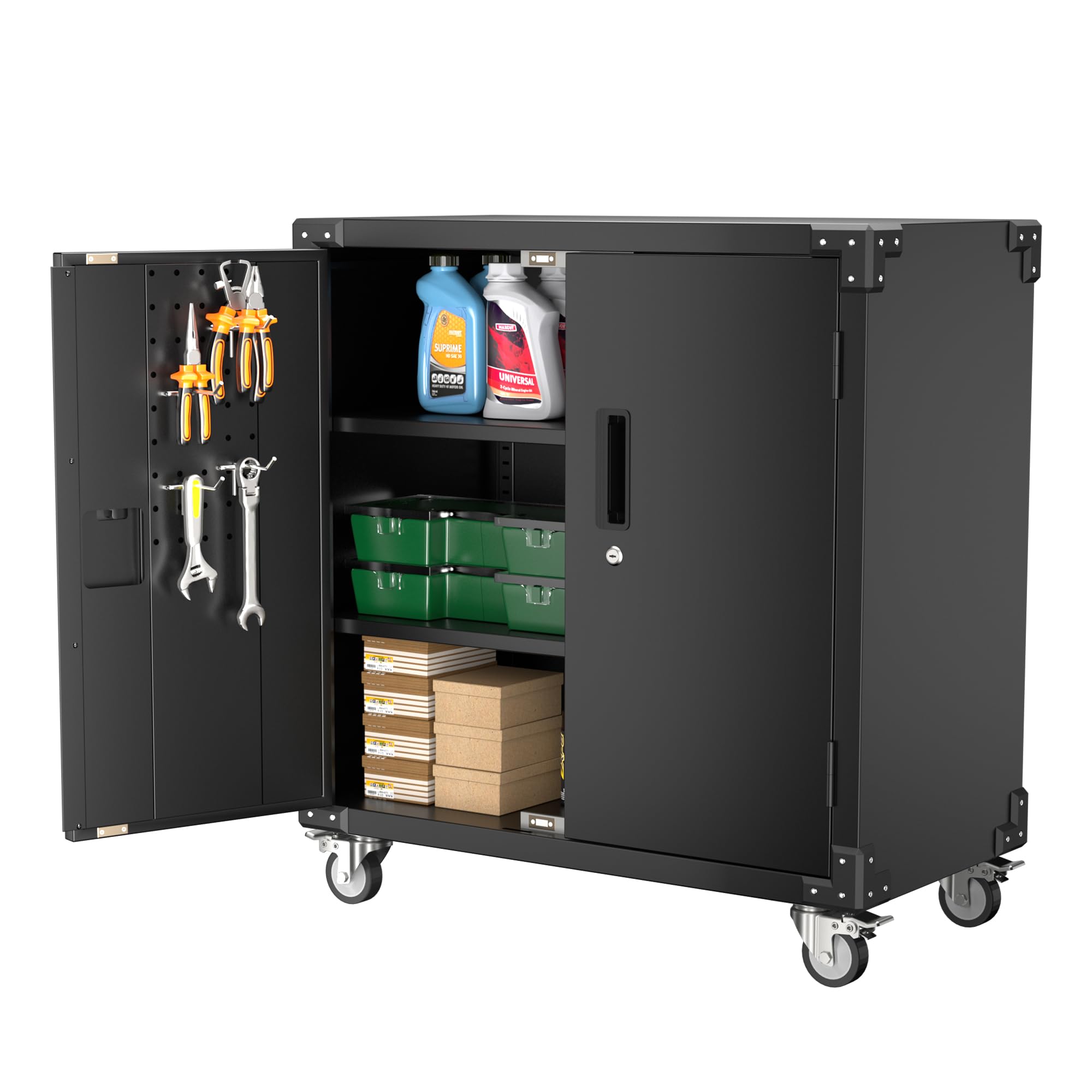 Garage Storage Cabinet with Wheels,72" Metal Storage Cabinet with 2 Doors and 4 Adjustable Shelves, Lockable Rolling Cabinet,Home Office Metal Utility Cabinet for Garage,Assembly Required