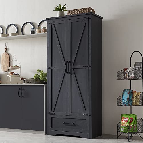 Farmhouse Kitchen Pantry Cabinet - 72" Tall Wood Kitchen Storage Cabinets with Adjustable Shelves & 2 Barn Doors & Drawer, Versatile Storage for Dining Room, Bathroom