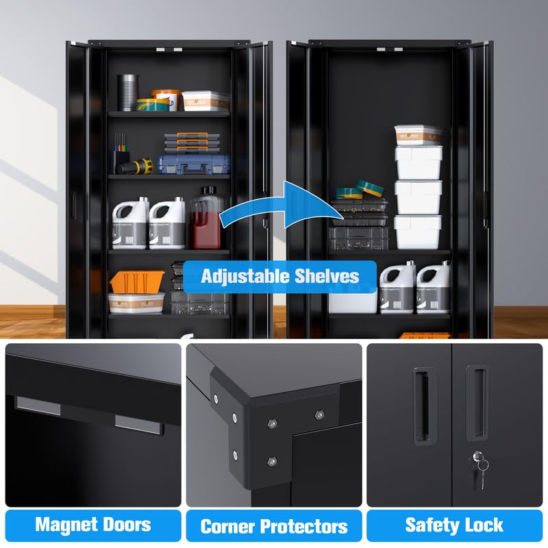 改Aobabo Garage Storage Cabinet with Wheels,72" H Metal Storage Cabinet with 2 Doors and 4 Adjustable Shelves for Garage Home Storage, Black,Required-Assembly