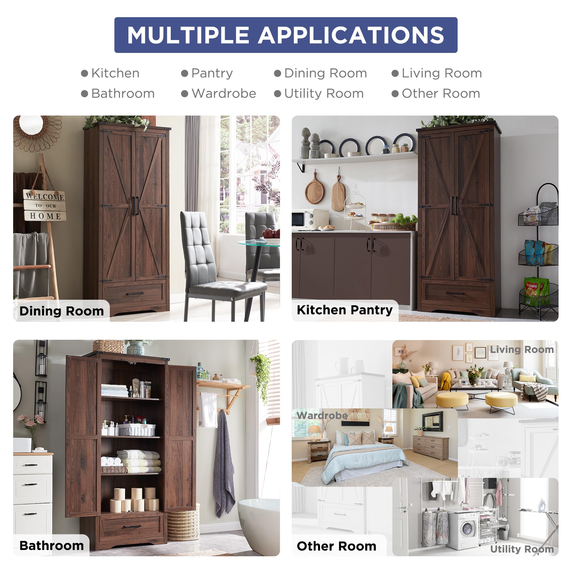 改JXQTLINGMU Farmhouse Kitchen Pantry Cabinet - 72" Tall Wood Kitchen Storage Cabinets with Adjustable Shelves &amp; 2 Barn Doors &amp; Drawer, Versatile Storage for Dining Room, Bathroom, Antique White