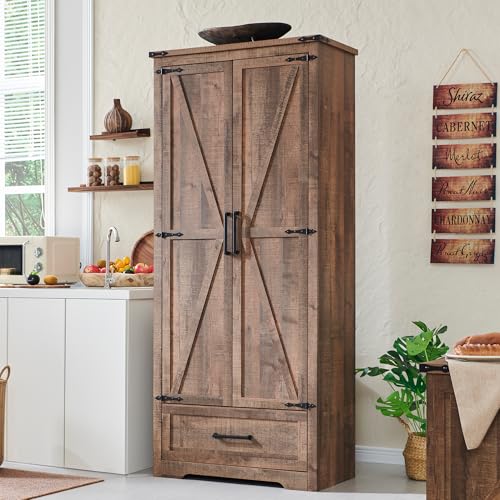 Farmhouse Kitchen Pantry Cabinet - 72" Tall Wood Kitchen Storage Cabinets with Adjustable Shelves & 2 Barn Doors & Drawer, Versatile Storage for Dining Room, Bathroom
