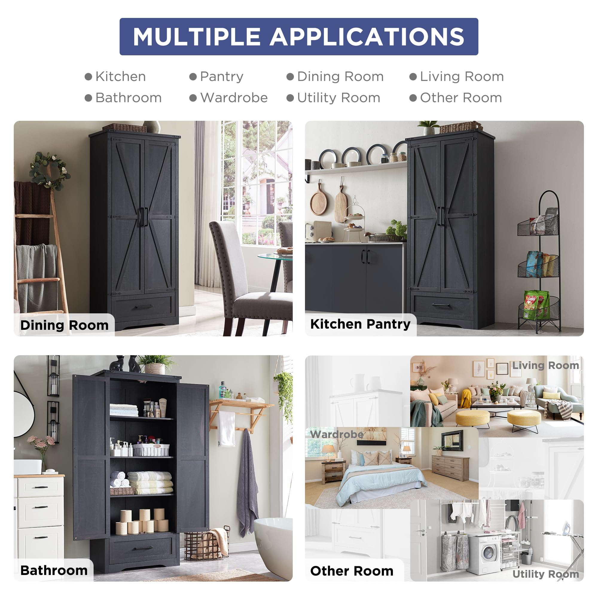 Farmhouse Kitchen Pantry Cabinet - 72" Tall Wood Kitchen Storage Cabinets with Adjustable Shelves & 2 Barn Doors & Drawer, Versatile Storage for Dining Room, Bathroom
