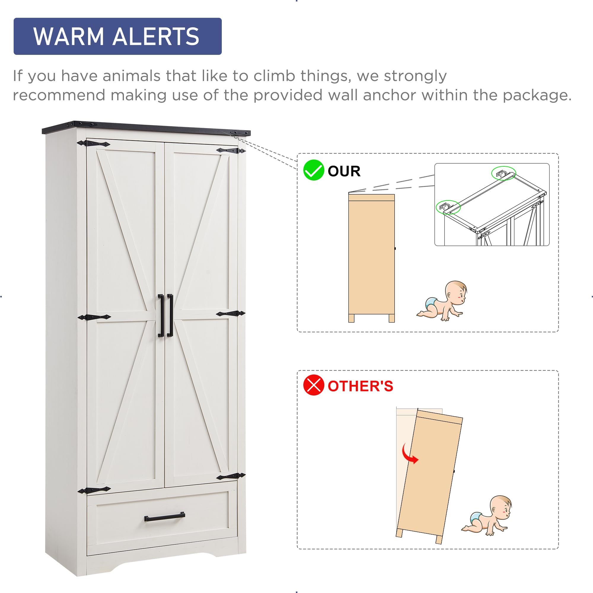 Farmhouse Kitchen Pantry Cabinet - 72" Tall Wood Kitchen Storage Cabinets with Adjustable Shelves & 2 Barn Doors & Drawer, Versatile Storage for Dining Room, Bathroom
