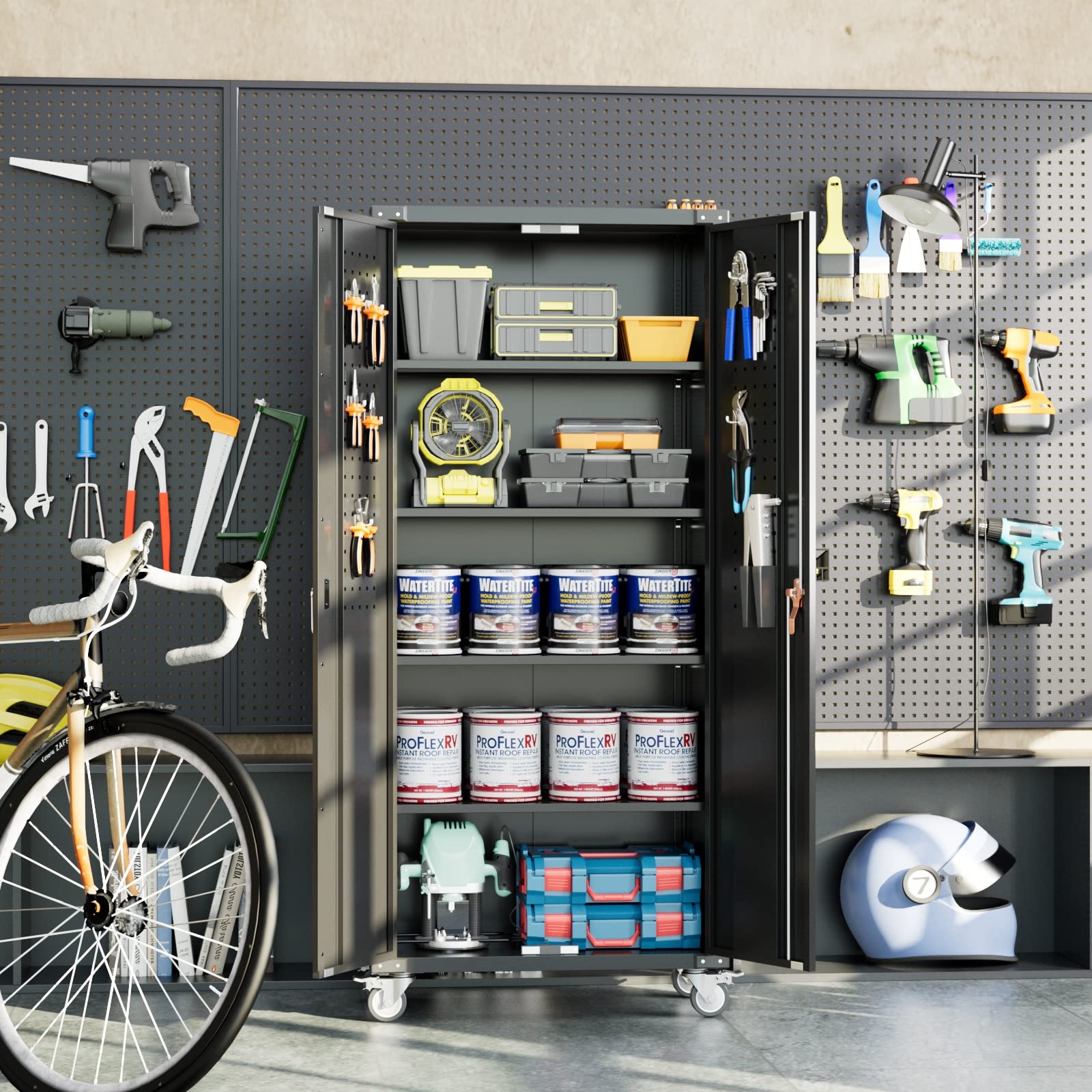 Garage Storage Cabinet with Wheels,72" Metal Storage Cabinet with 2 Doors and 4 Adjustable Shelves, Lockable Rolling Cabinet,Home Office Metal Utility Cabinet for Garage,Assembly Required