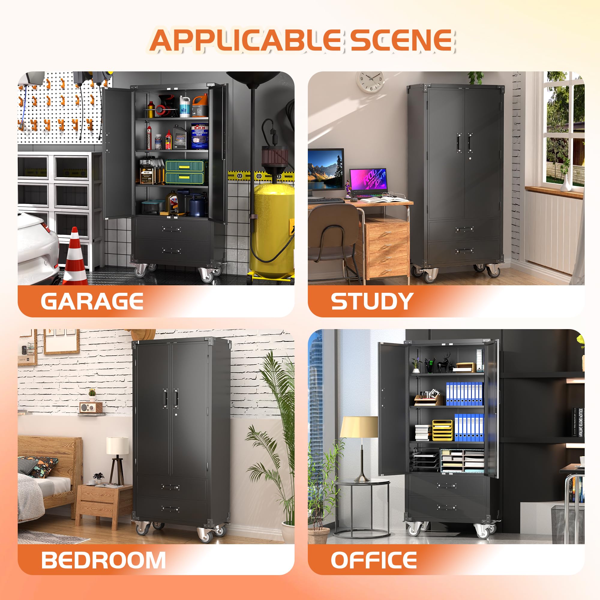 Garage Storage Cabinet with Wheels,72" Metal Storage Cabinet with 2 Doors and 4 Adjustable Shelves, Lockable Rolling Cabinet,Home Office Metal Utility Cabinet for Garage,Assembly Required