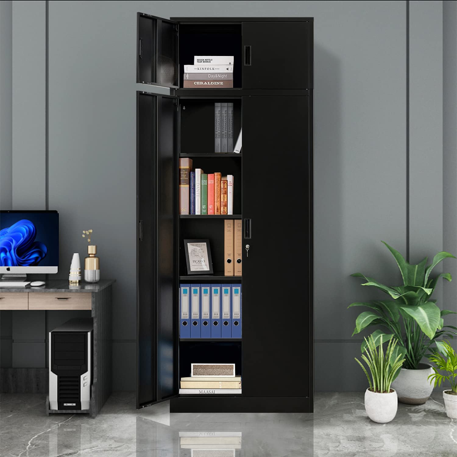 改Metal Storage Cabinets with Locking Doors and 5 Adjustable Shelves, Steel Storage Cabinet for Garage, Office, Classroom - Black