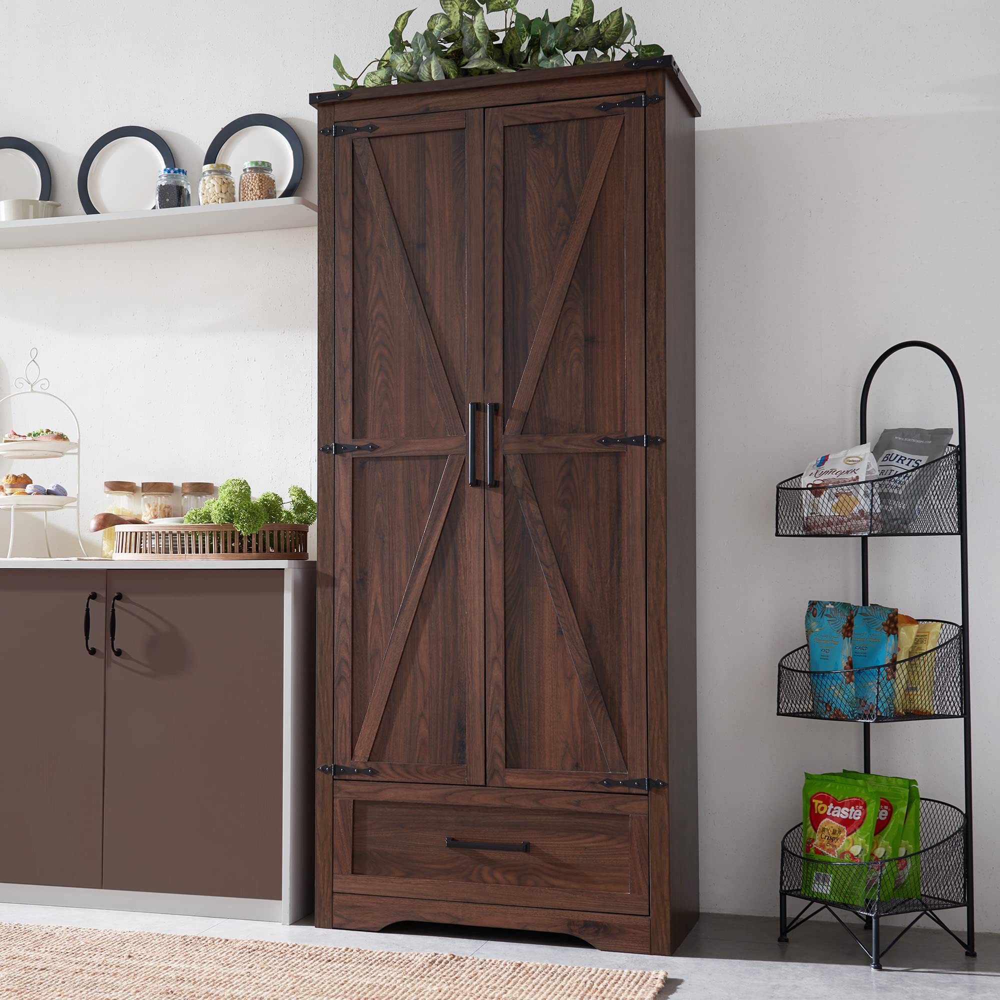 改JXQTLINGMU Farmhouse Kitchen Pantry Cabinet - 72" Tall Wood Kitchen Storage Cabinets with Adjustable Shelves &amp; 2 Barn Doors &amp; Drawer, Versatile Storage for Dining Room, Bathroom, Antique White