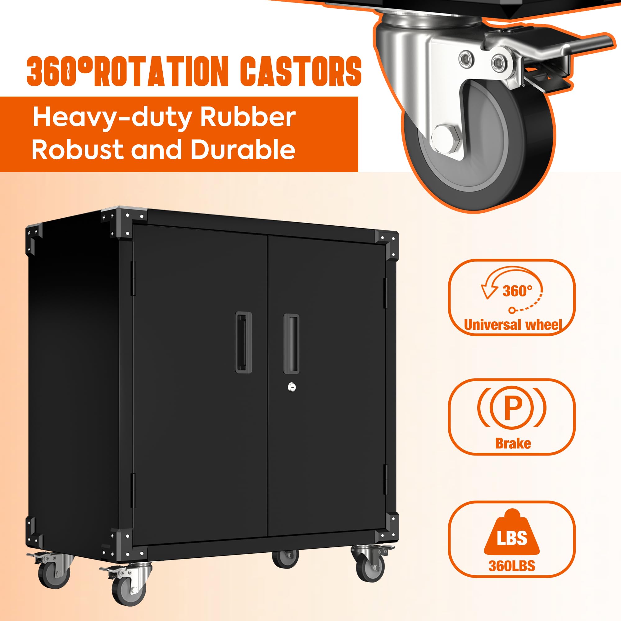 Garage Storage Cabinet with Wheels,72" Metal Storage Cabinet with 2 Doors and 4 Adjustable Shelves, Lockable Rolling Cabinet,Home Office Metal Utility Cabinet for Garage,Assembly Required