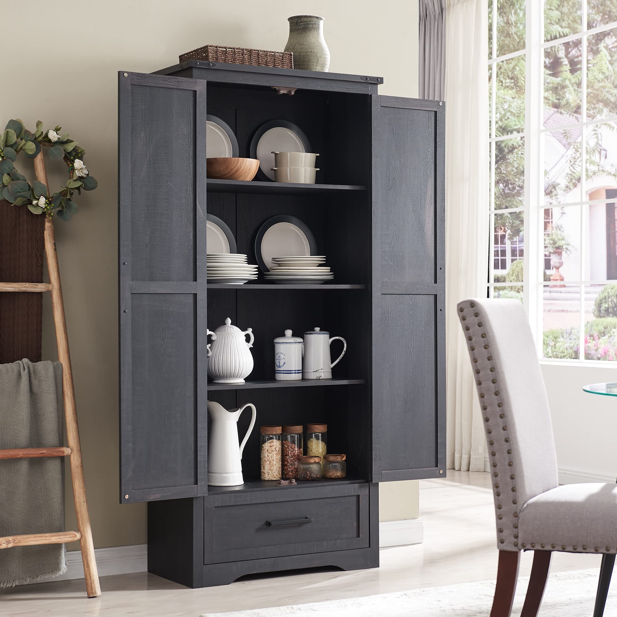 Farmhouse Kitchen Pantry Cabinet - 72" Tall Wood Kitchen Storage Cabinets with Adjustable Shelves & 2 Barn Doors & Drawer, Versatile Storage for Dining Room, Bathroom