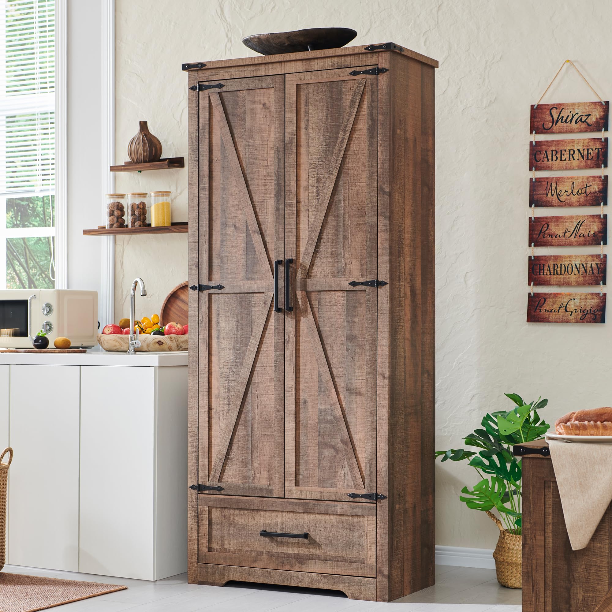 Farmhouse Kitchen Pantry Cabinet - 72" Tall Wood Kitchen Storage Cabinets with Adjustable Shelves & 2 Barn Doors & Drawer, Versatile Storage for Dining Room, Bathroom