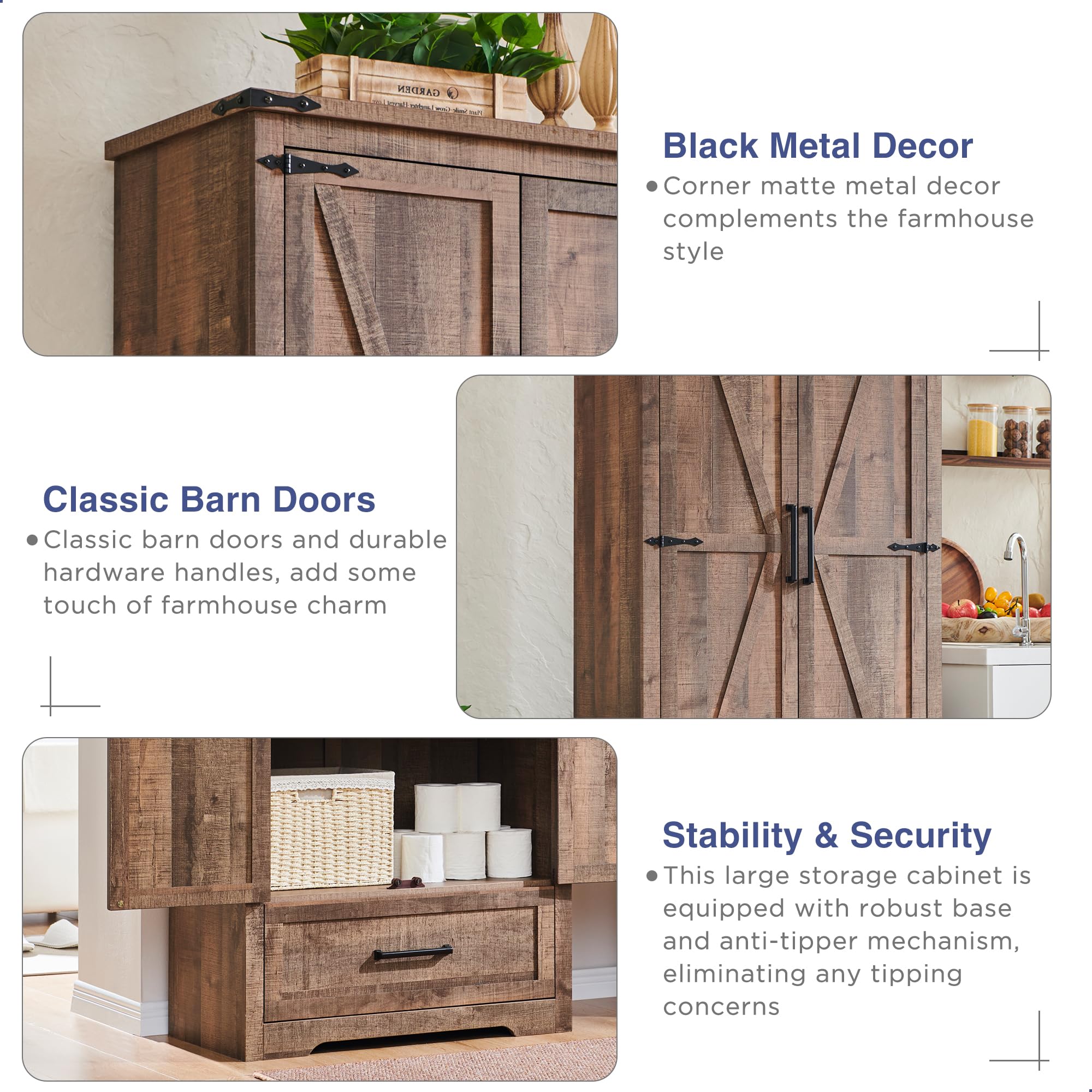 Farmhouse Kitchen Pantry Cabinet - 72" Tall Wood Kitchen Storage Cabinets with Adjustable Shelves & 2 Barn Doors & Drawer, Versatile Storage for Dining Room, Bathroom