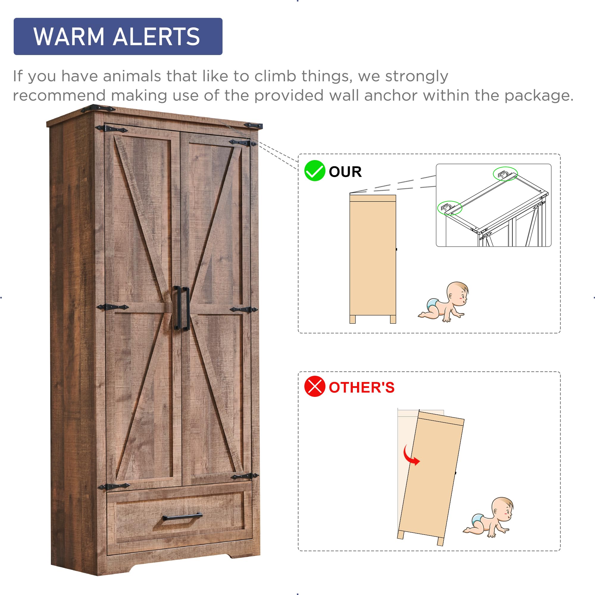 Farmhouse Kitchen Pantry Cabinet - 72" Tall Wood Kitchen Storage Cabinets with Adjustable Shelves & 2 Barn Doors & Drawer, Versatile Storage for Dining Room, Bathroom
