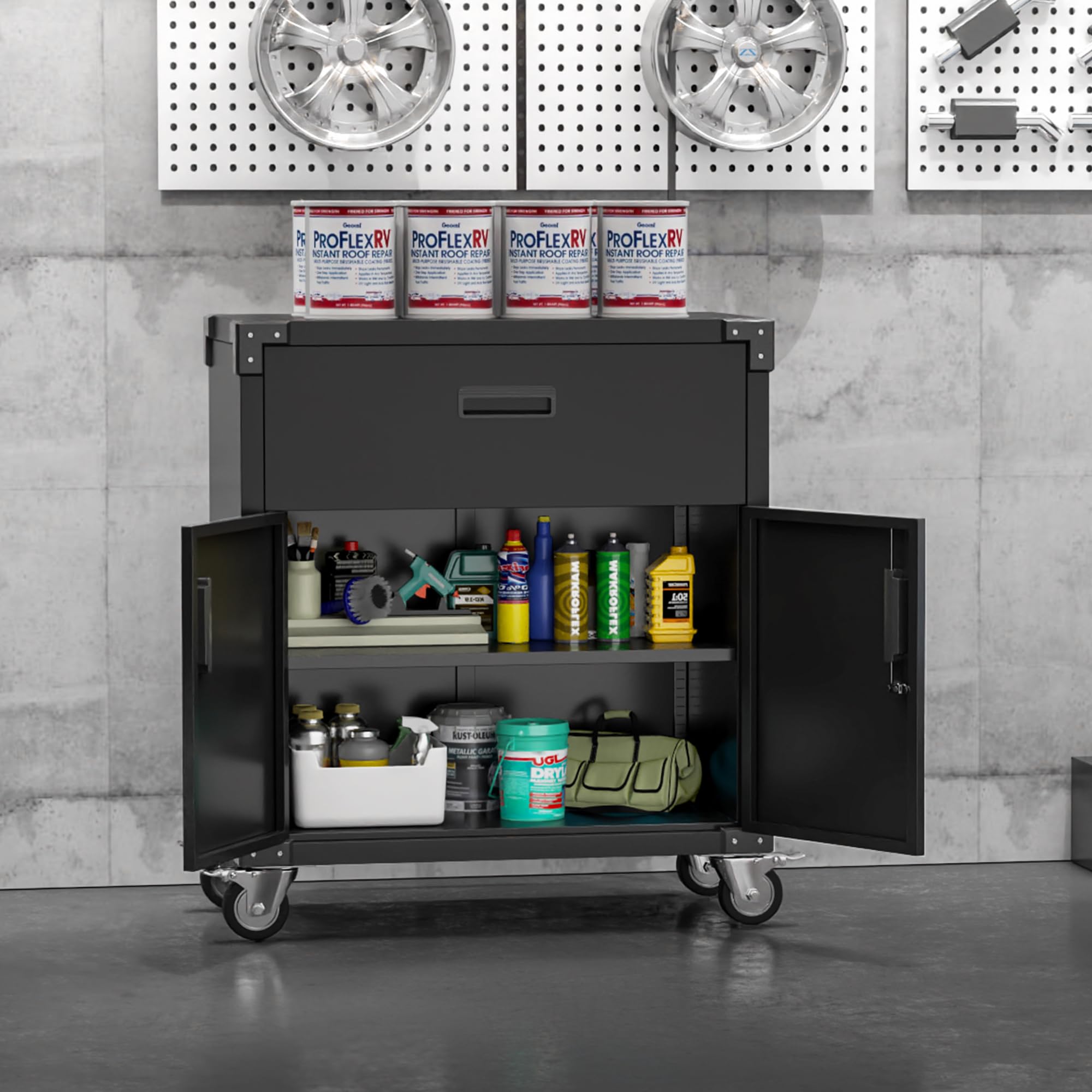 Garage Storage Cabinet with Wheels,72" Metal Storage Cabinet with 2 Doors and 4 Adjustable Shelves, Lockable Rolling Cabinet,Home Office Metal Utility Cabinet for Garage,Assembly Required