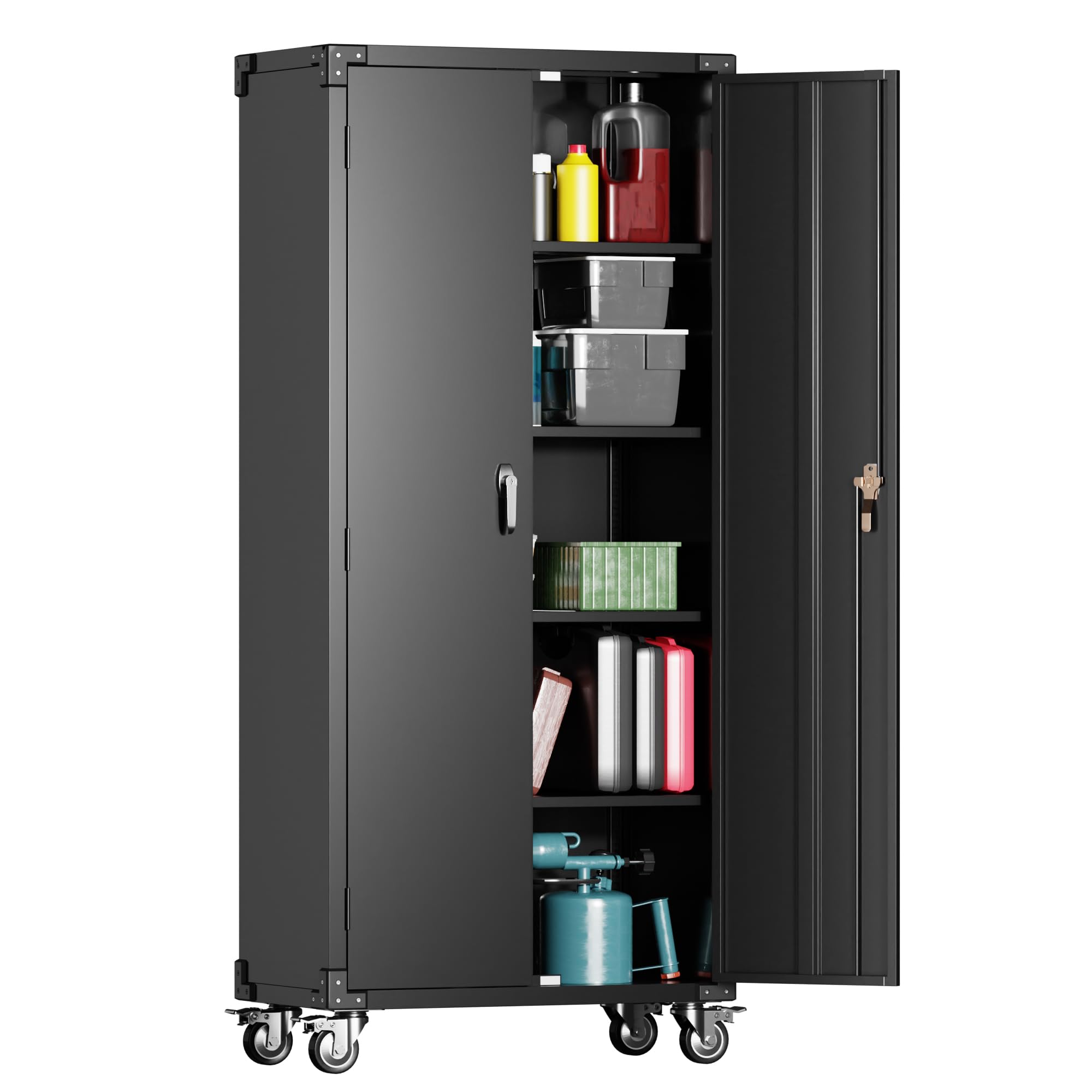 Garage Storage Cabinet with Wheels,72" Metal Storage Cabinet with 2 Doors and 4 Adjustable Shelves, Lockable Rolling Cabinet,Home Office Metal Utility Cabinet for Garage,Assembly Required