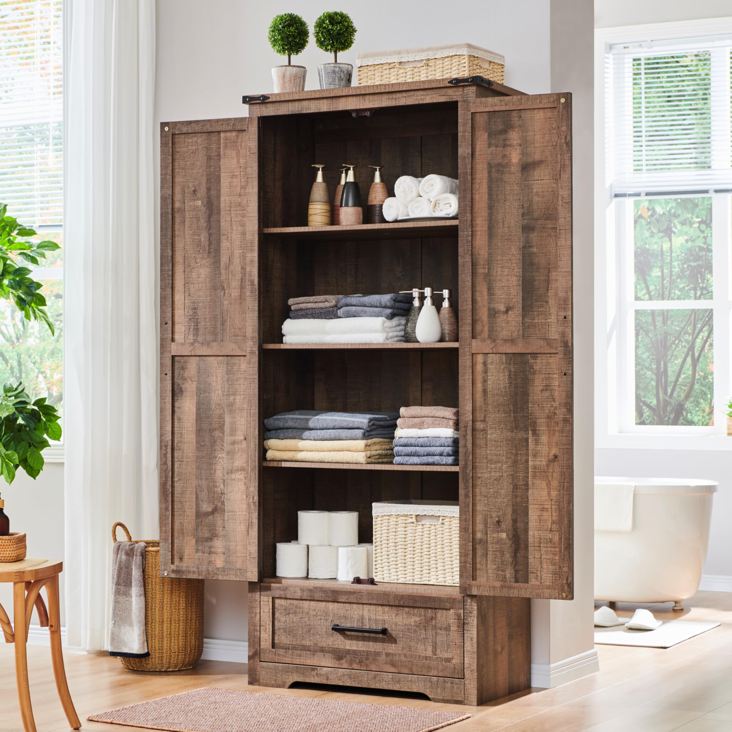 Farmhouse Kitchen Pantry Cabinet - 72" Tall Wood Kitchen Storage Cabinets with Adjustable Shelves & 2 Barn Doors & Drawer, Versatile Storage for Dining Room, Bathroom