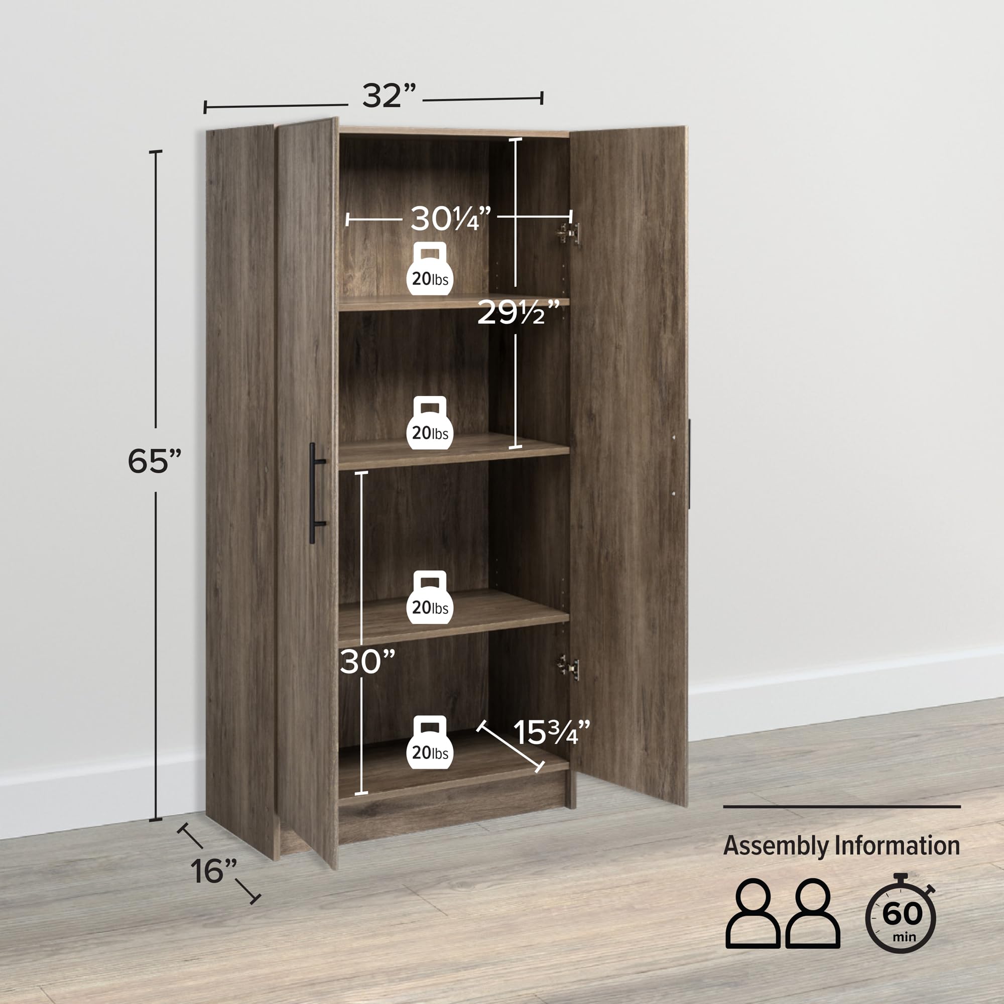 Elite 24" Storage Cabinet, Black Storage Cabinet, Bathroom Cabinet，Pantry Cabinet with 3 Shelves
