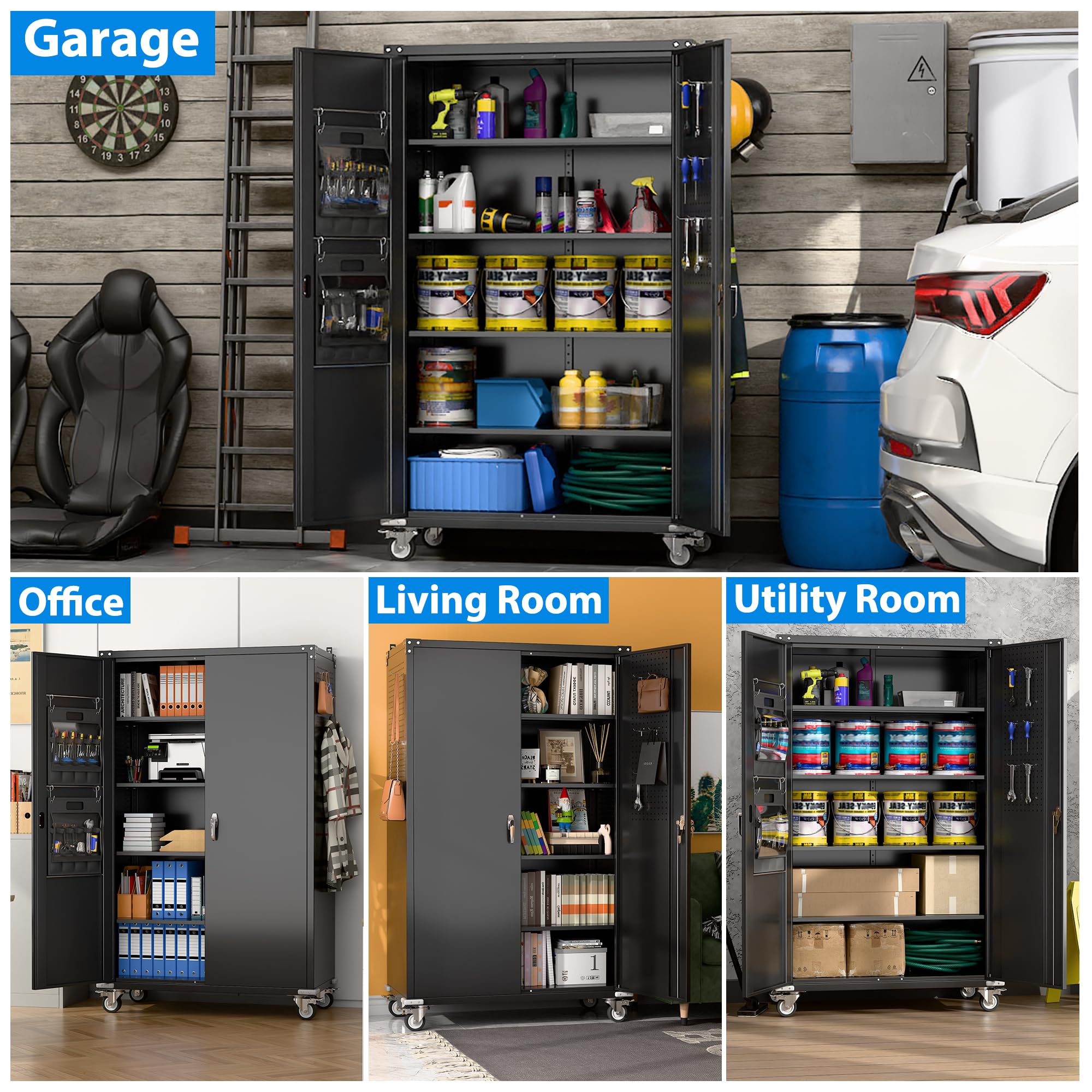 Garage Storage Cabinet with Wheels,72" Metal Storage Cabinet with 2 Doors and 4 Adjustable Shelves, Lockable Rolling Cabinet,Home Office Metal Utility Cabinet for Garage,Assembly Required