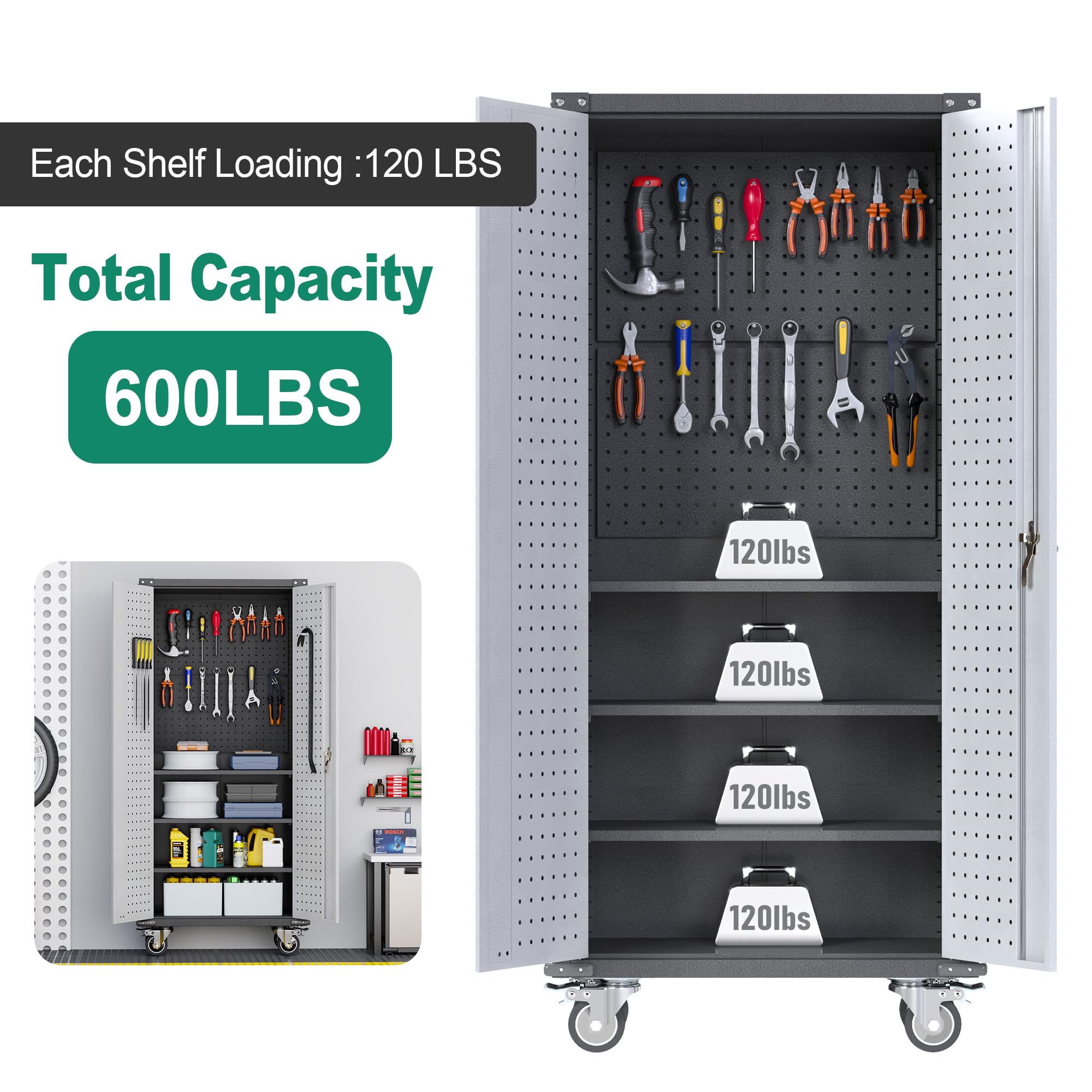 Garage Storage Cabinet with Wheels,72" Metal Storage Cabinet with 2 Doors and 4 Adjustable Shelves, Lockable Rolling Cabinet,Home Office Metal Utility Cabinet for Garage,Assembly Required
