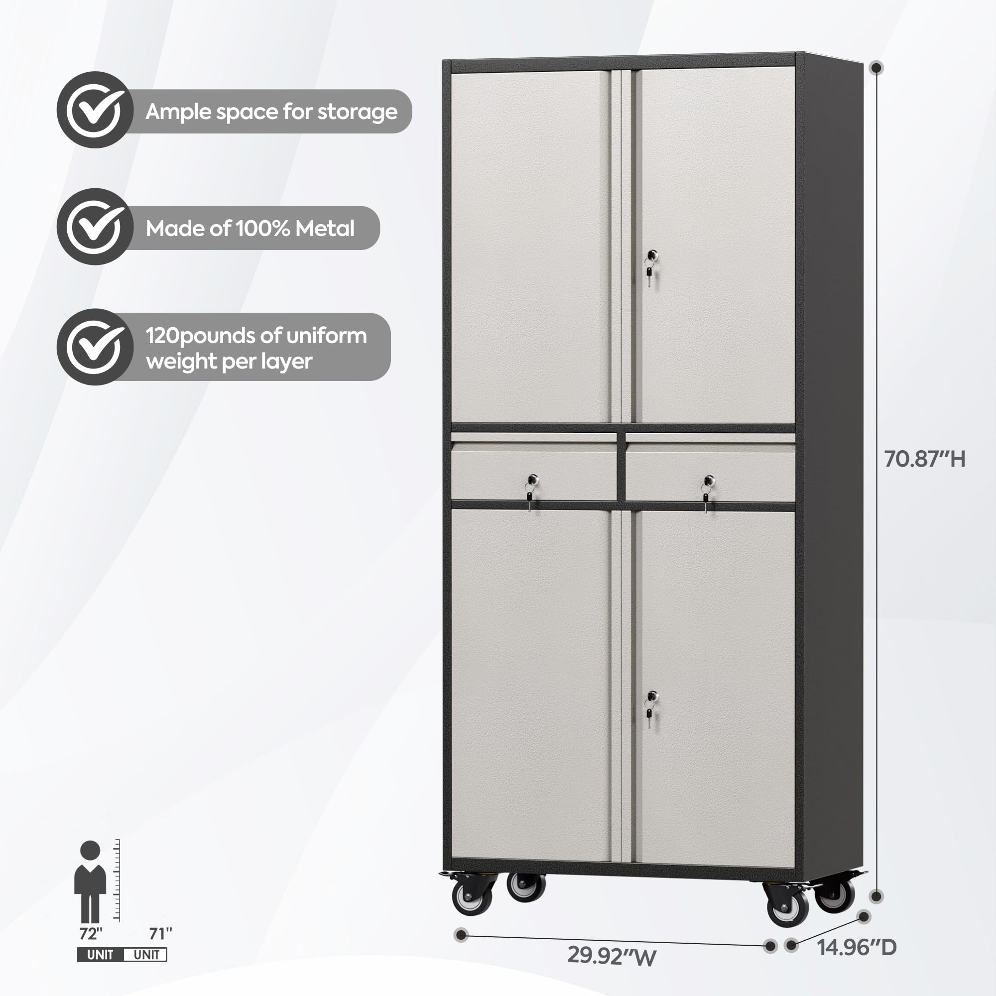 Garage Storage Cabinet with Wheels,72" Metal Storage Cabinet with 2 Doors and 4 Adjustable Shelves, Lockable Rolling Cabinet,Home Office Metal Utility Cabinet for Garage,Assembly Required