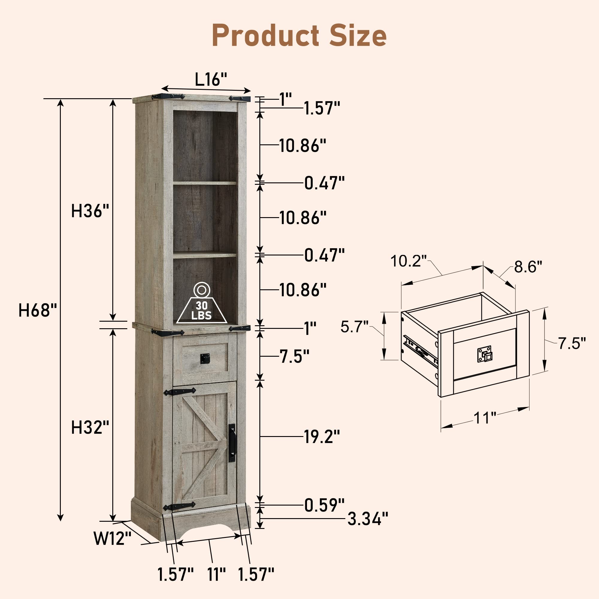 Bathroom Storage Cabinet, Farmhouse Storage Cabinet with Adjustable Shelves & Storage Drawer, Tall Linen Tower for Bathroom, Living Room