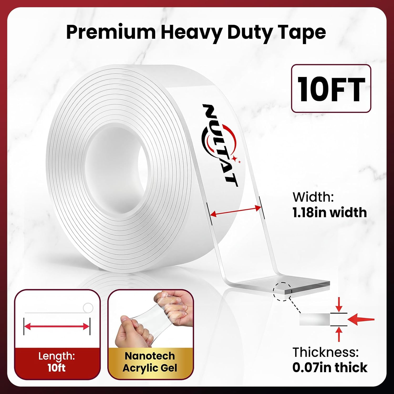 NULTAT Strong Double Sided Tape Heavy Duty, Nano Reusable, Removable, Washable Double Stick Tape for Wall, Multipurpose Clear Adhesive High Temperature Tape 1.18" x 120" (10 Feet)