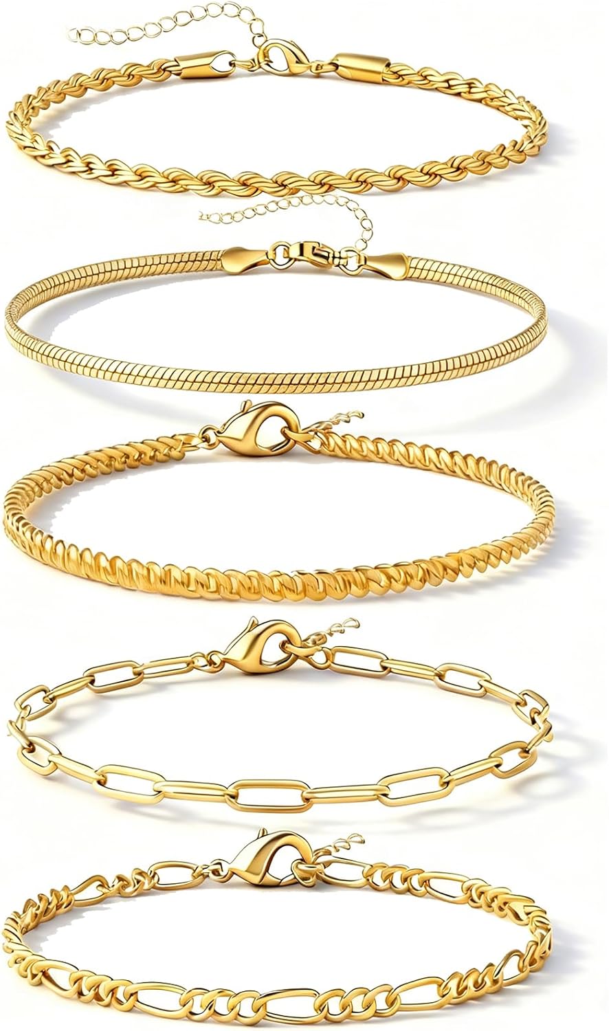 Alegend Titanium Steel (Not Rust, Resist Corruption, Easily Clean) 18K Gold Plated Single Bracelets + 14K Gold Plated Stackable Multilayer Bracelets