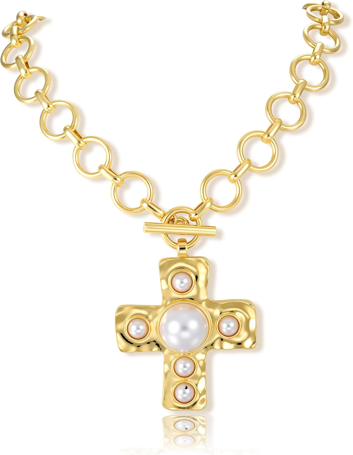 FAXHION Chunky Cross Necklace for Women, Gold Toggle Chain Statement Necklace with Hammered Cross Pendant, Vintage Chunky Necklace Jewelry Gift for Women