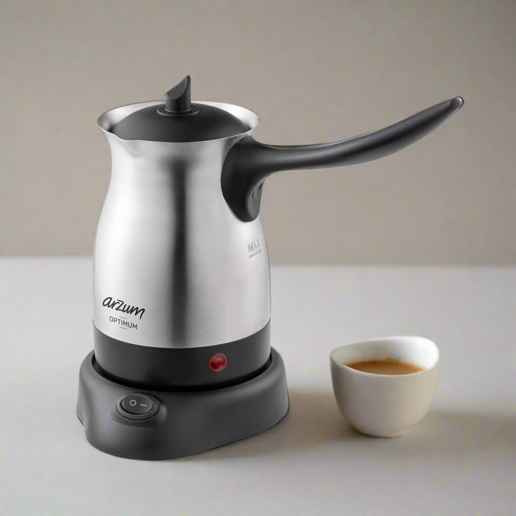 Arzum Cezve Electric Turkish Coffee Maker, Stainless Steel, Boil-Dry Protection, Lid for Extra Protection, Cordless Use, 1 to 4 cups, 120V, 3-pin US-plug, 800W