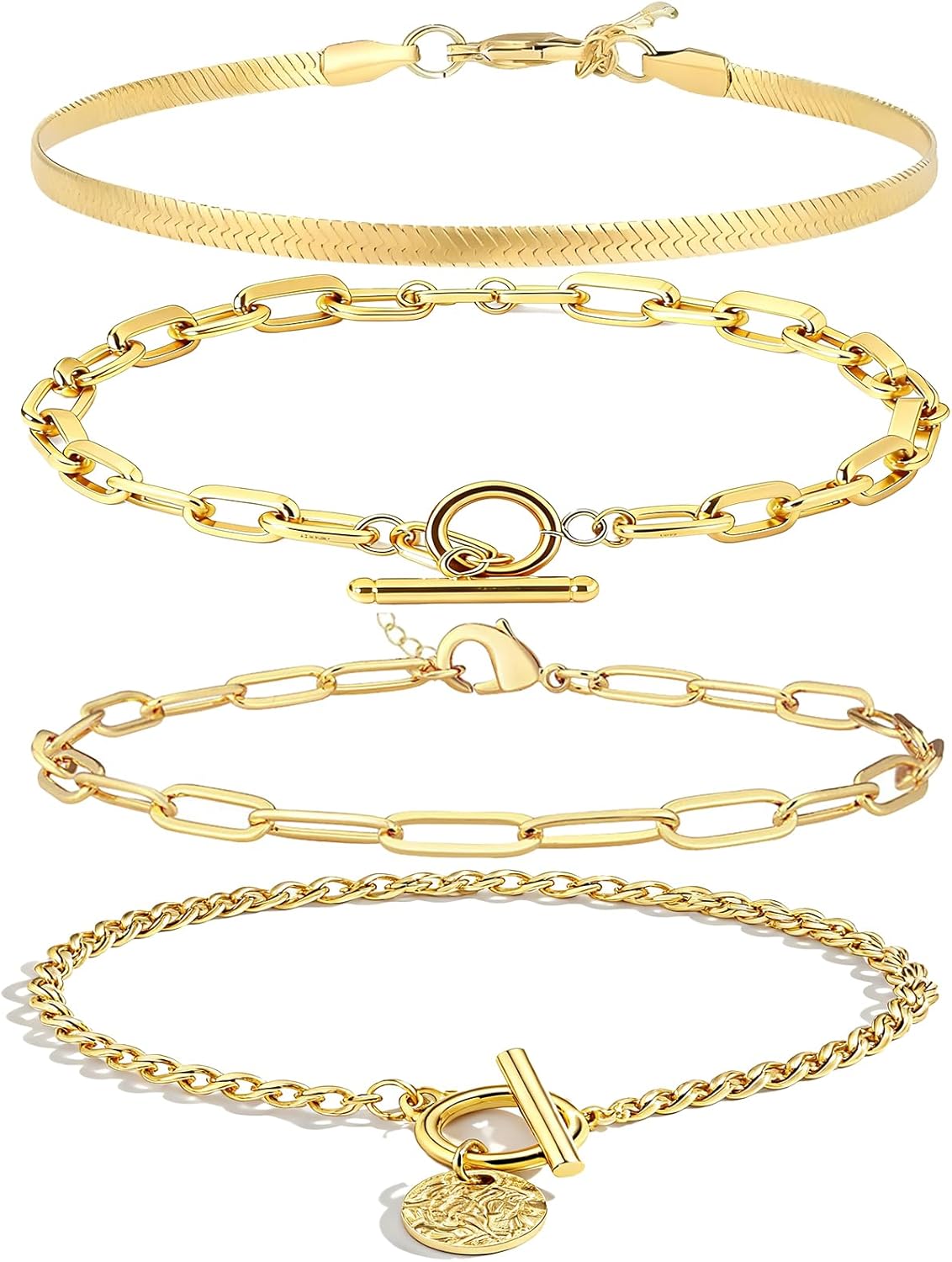 Alegend Titanium Steel (Not Rust, Resist Corruption, Easily Clean) 18K Gold Plated Single Bracelets + 14K Gold Plated Stackable Multilayer Bracelets