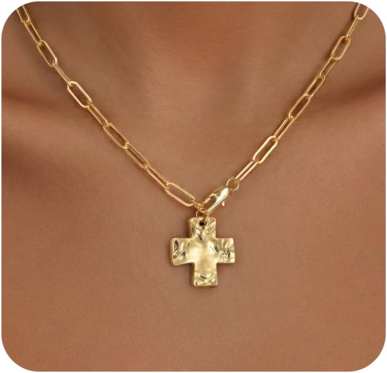 FAXHION Chunky Cross Necklace for Women, Gold Toggle Chain Statement Necklace with Hammered Cross Pendant, Vintage Chunky Necklace Jewelry Gift for Women