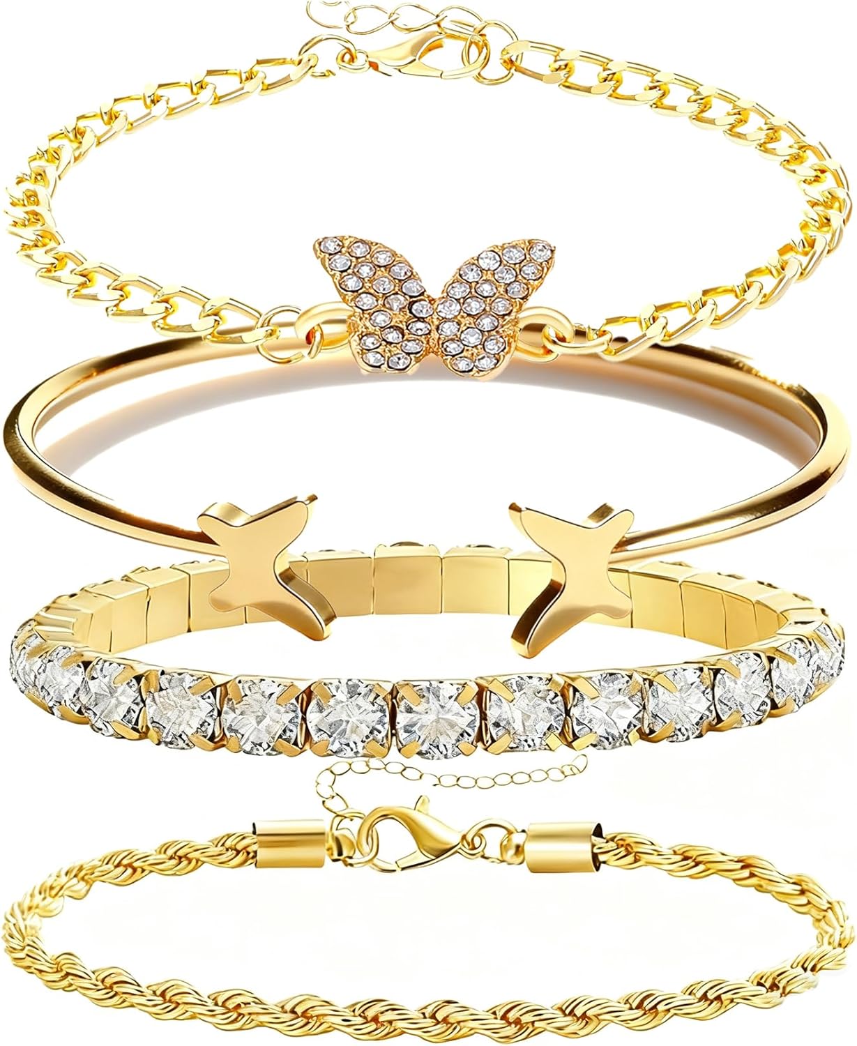Alegend Titanium Steel (Not Rust, Resist Corruption, Easily Clean) 18K Gold Plated Single Bracelets + 14K Gold Plated Stackable Multilayer Bracelets