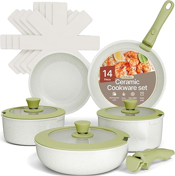 Pots and Pans Set Non Stick Ceramic-Granite – 14-Piece Cookware with Detachable Handles, Stackable Space-Saving, Dishwasher Safe, Stain-resistant, Oven & All-Stove Safe, Tempered Glass Lids, Green
