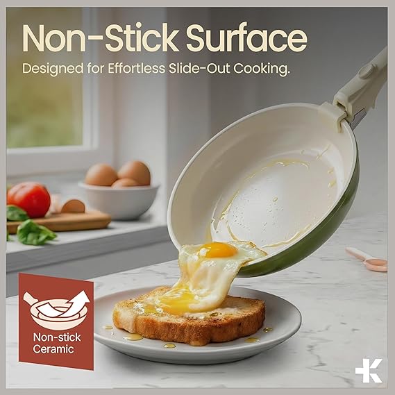 Pots and Pans Set Non Stick Ceramic-Granite – 14-Piece Cookware with Detachable Handles, Stackable Space-Saving, Dishwasher Safe, Stain-resistant, Oven & All-Stove Safe, Tempered Glass Lids, Green