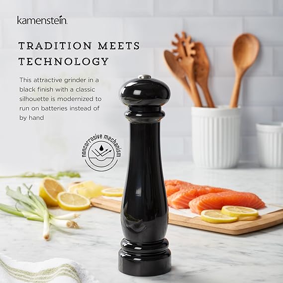 Kamenstein Traditional Glossy Battery Operated Grinder for Salt or Peppercorns, Easy to Use with One Handed Push of a Button, Runs on Batteries, batteries not Included, 10in, Black