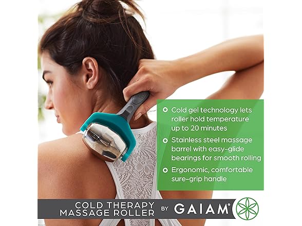 Gaiam Restore Cold Therapy Massage Roller - Easy-Glide Massage Ball Roller with Sure-Grip Handle - Muscle Massage Tool to Help with Sore Muscles, Neck, and Back Pain - Compact and Lightweight