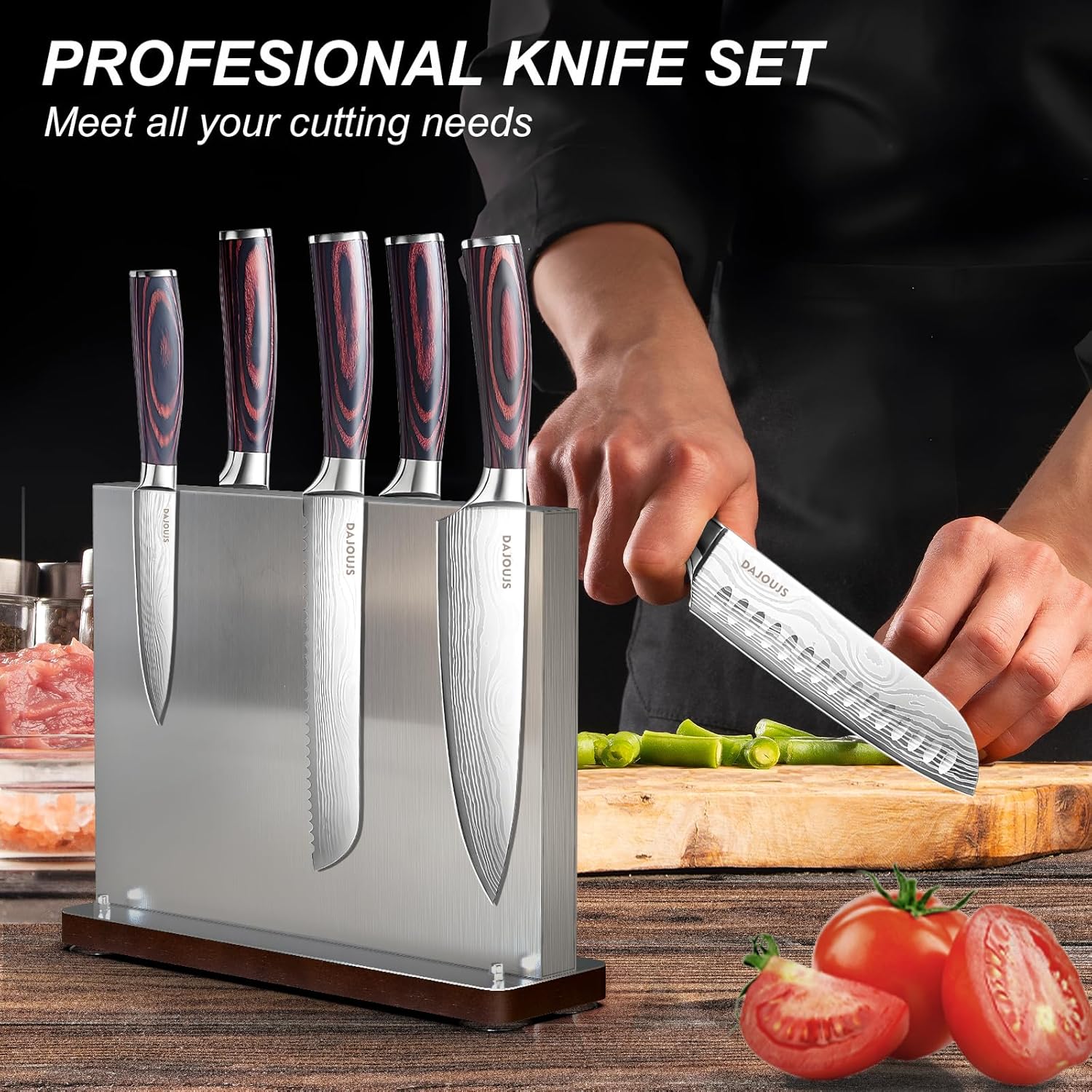 Kitchen Knife Set with Block - 6 Pcs Chef Knife Block Set, 5 Pcs High - Carbon Stainless Steel Razor - Sharp Knives with a Magnetic Knife Block Holder, Versatile and Professional Kitchen Knives Set
