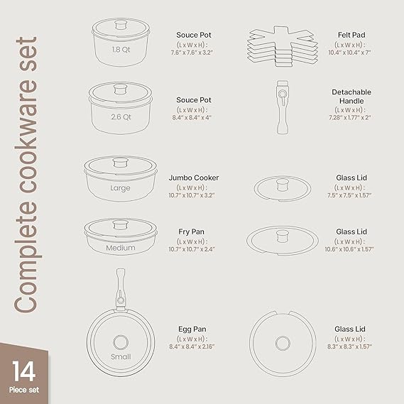 Pots and Pans Set Non Stick Ceramic-Granite – 14-Piece Cookware with Detachable Handles, Stackable Space-Saving, Dishwasher Safe, Stain-resistant, Oven & All-Stove Safe, Tempered Glass Lids, Green