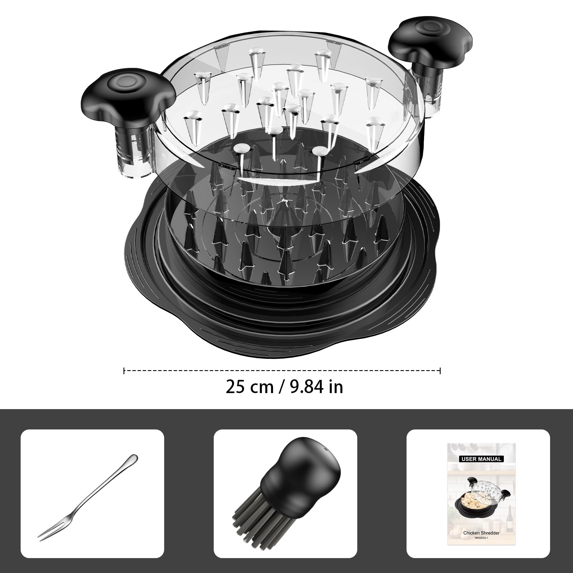 SoulLife Chicken Shredder 8 Inches, Chicken Breast Shredder Tool, Cooked Meat Shredder With Clear Lid, Ergonomic Design, Auti-slip, Easy To Clean, Chicken Shredder Tool Twist, Chicken Grinder (Black)