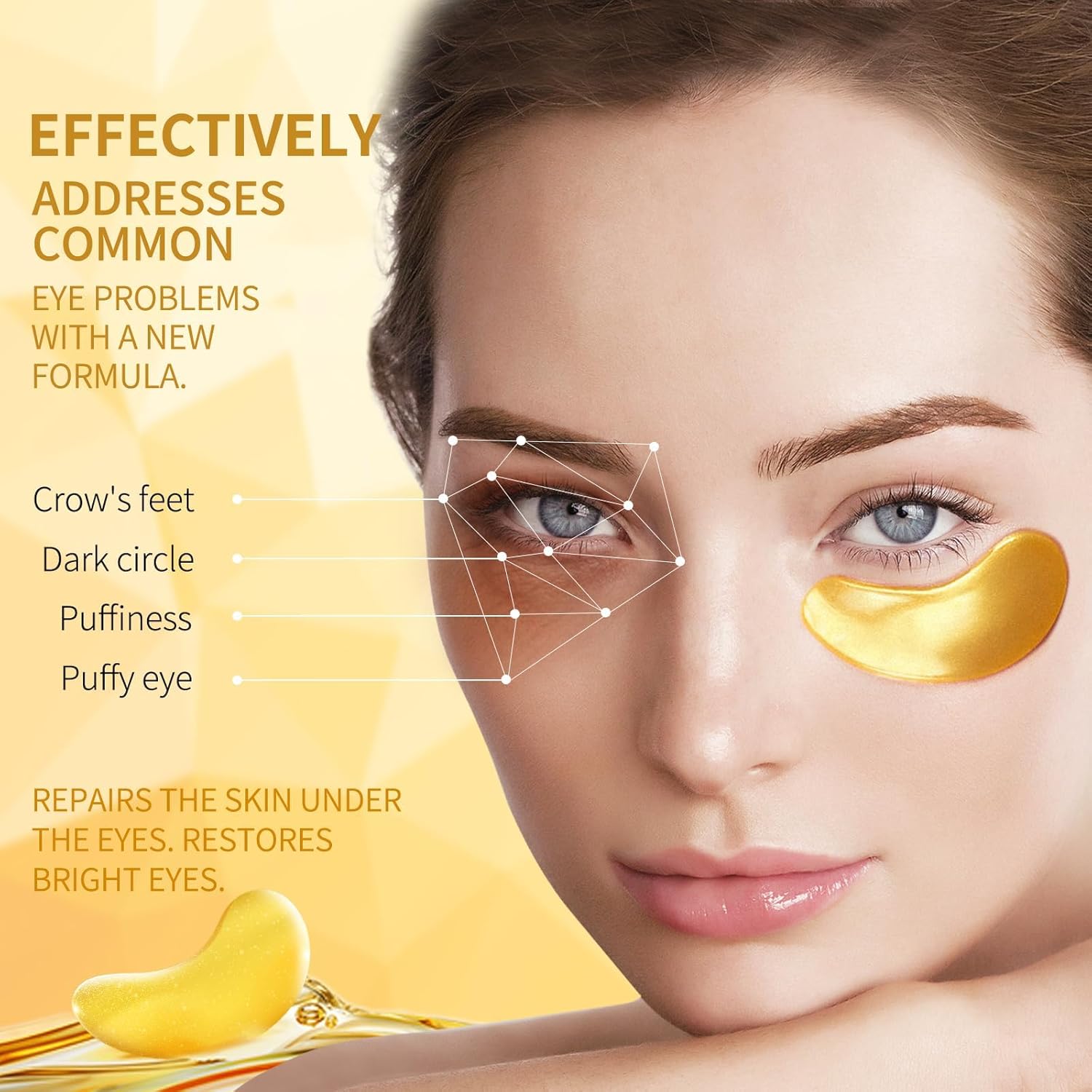 Tunbot Eye Mask - 60 Pieces - 24k Gold Eye Mask - Anti-Aging - Contains Collagen & Hyaluronic Acid - Removes Dark Circles, Puffiness & Wrinkles, Moisturizes - Home Skin Care