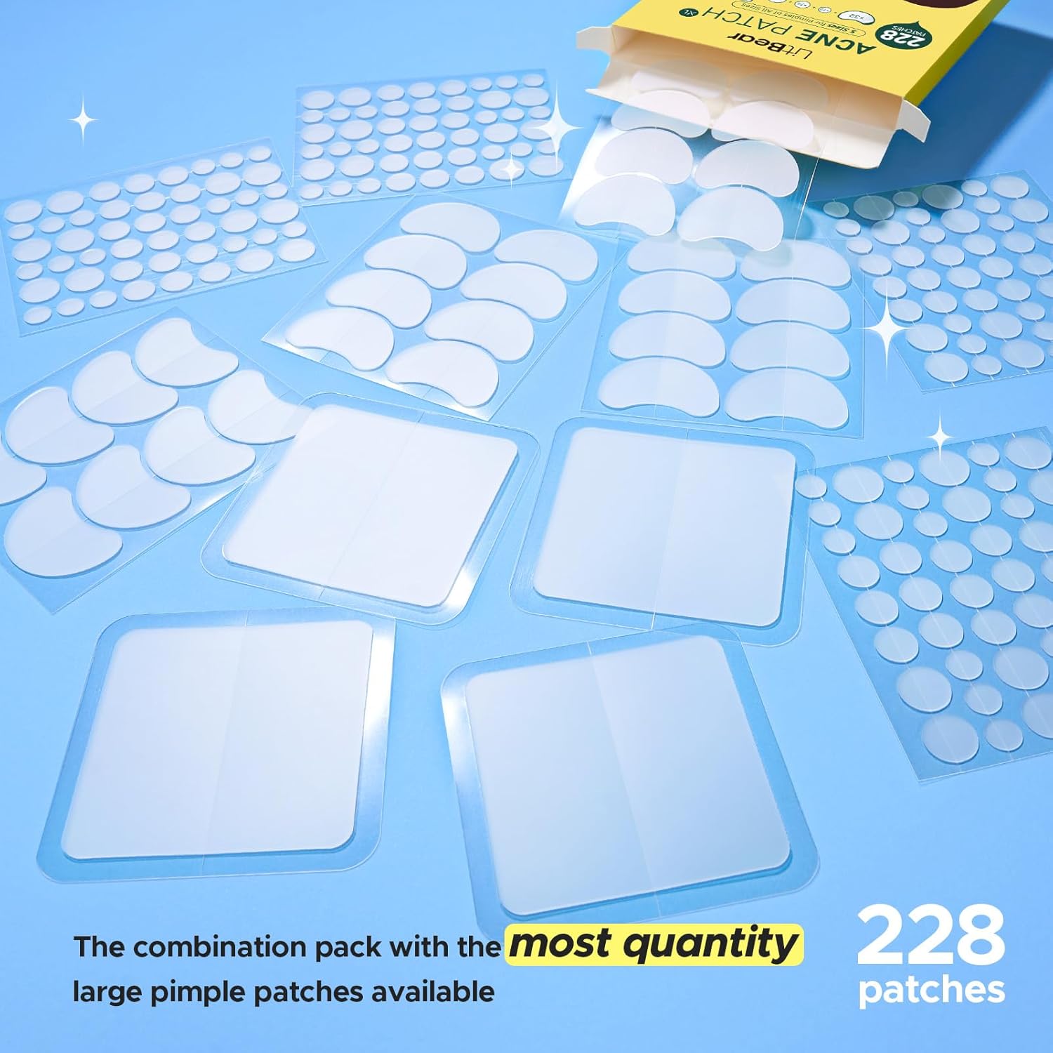 LitBear Pimple Patches for Face, Large Acne Patch, XL Hydrocolloid Bandages,Zit Stickers for Forehead, Chin, Nose, Body, Back, and Chest (5 Sizes, 228 Pimple Patches)