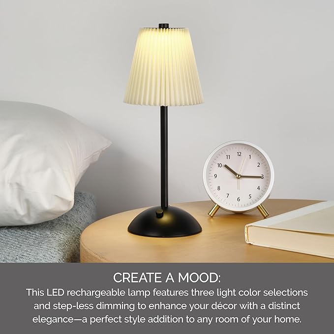 Elements 11.6-Inch Black Rechargeable LED Table Lamp - Touch Control with 3 Light Colors, Stepless Dimming, Metal Construction, 1200mAh Battery, USB-C Charging, Perfect for Home Office and Living Room