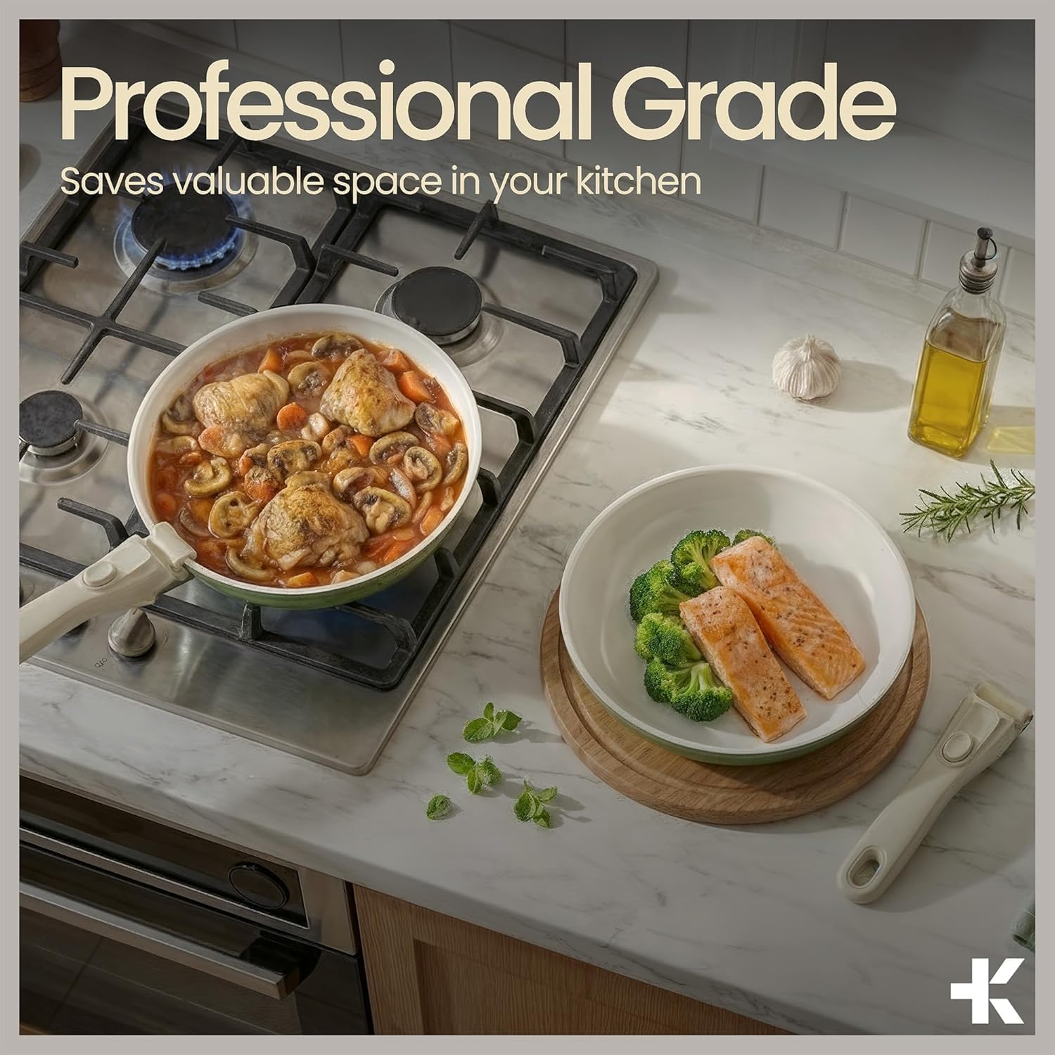 Pots and Pans Set Non Stick Ceramic-Granite – 14-Piece Cookware with Detachable Handles, Stackable Space-Saving, Dishwasher Safe, Stain-resistant, Oven & All-Stove Safe, Tempered Glass Lids, Green