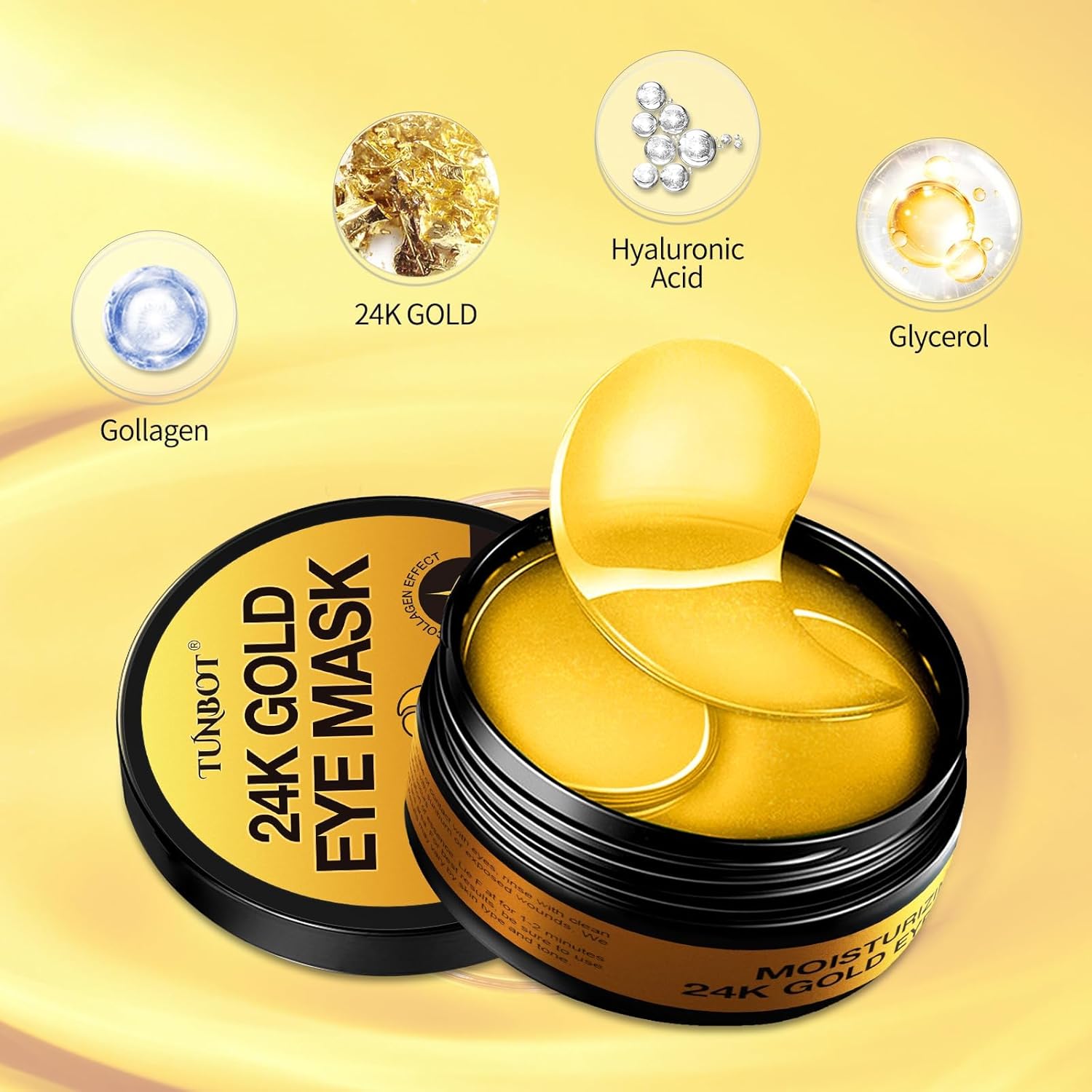 Tunbot Eye Mask - 60 Pieces - 24k Gold Eye Mask - Anti-Aging - Contains Collagen & Hyaluronic Acid - Removes Dark Circles, Puffiness & Wrinkles, Moisturizes - Home Skin Care