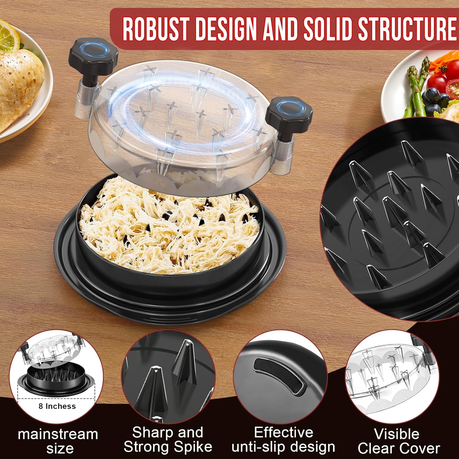 SoulLife Chicken Shredder 8 Inches, Chicken Breast Shredder Tool, Cooked Meat Shredder With Clear Lid, Ergonomic Design, Auti-slip, Easy To Clean, Chicken Shredder Tool Twist, Chicken Grinder (Black)