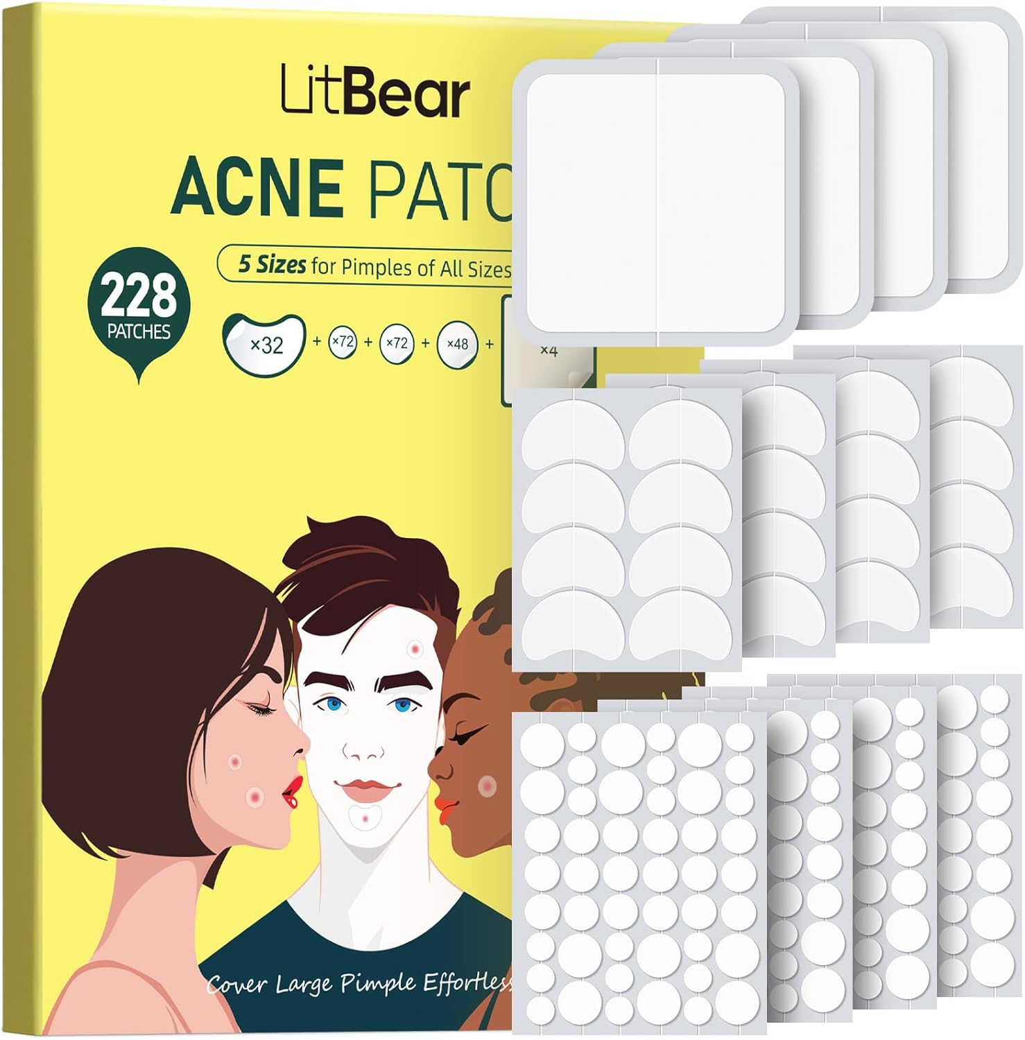 LitBear Pimple Patches for Face, Large Acne Patch, XL Hydrocolloid Bandages,Zit Stickers for Forehead, Chin, Nose, Body, Back, and Chest (5 Sizes, 228 Pimple Patches)