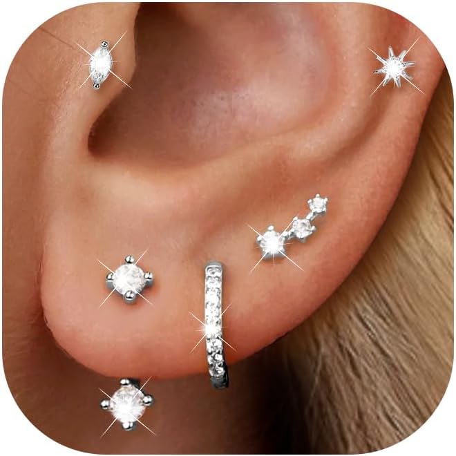 6 Pairs 14K Gold Plated Stud Earrings for Women, Hypoallergenic Cartilage Earrings for Multiple Piercing, Dainty Small Stackable Earrings Set for Jewelry Gift